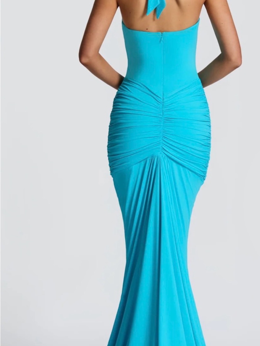 Turquoise Deep-V Backless Ruched Mermaid Gown - Picture 3 of 3
